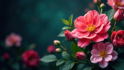 Obraz premium Vibrant Pink and Coral Blooms in Full Blossom Against a Dark Teal Background