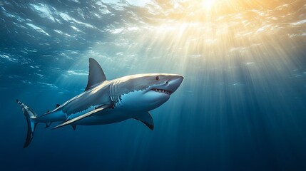 Fototapeta premium A great white shark swims gracefully through the sunlit ocean depths