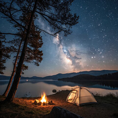 Night camping under Milky Way starry sky