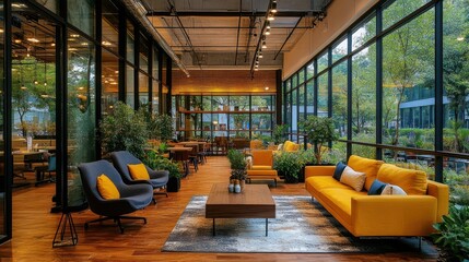 Modern office lounge with yellow sofa, armchairs, and plants near large windows.