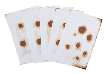 Collection of burnt holes appearing in a piece of paper set against a white background