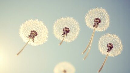 Fototapeta premium Dandelion Seeds Floating on Blue Sky Background.