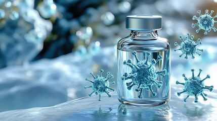 glass vial containing liquid with floating virus like structures symbolizes medical research and innovation in healthcare