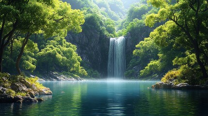 Scenic cascade tumbles into a serene pool amid lush green forests