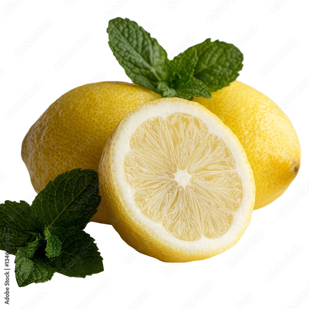 Aufkleber on a transparent background are isolated fresh lemons and green mint leaves made using generative ai
