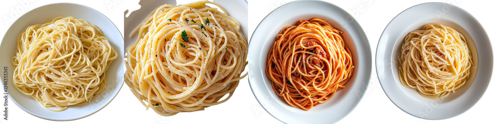 Poster spaghetti is depicted in a white bowl, isolated against a transparent background, using generative a