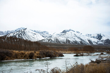 Viewpoint landscape of hight range mountain with Confluence of the Indus and Zanskar Rivers on...