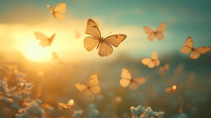 Sunset Butterflies over Flower Meadow.