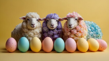 Three lambs with flowers, colourful Easter eggs in front, yellow background