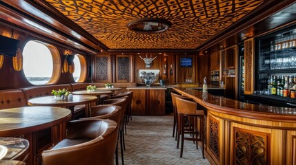 Luxurious ship bar interior with ocean view.  Possible use Stock photo for travel brochures, magazines, or websites