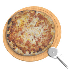 3D rendering illustration of a pizza and a cutter on a wooden cutting board
