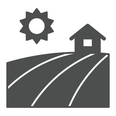 Plowed farm field with house and sun solid icon, wheat production concept. Vector graphics. Farmer field landscape sign on white background, glyph style icon for mobile or web design.