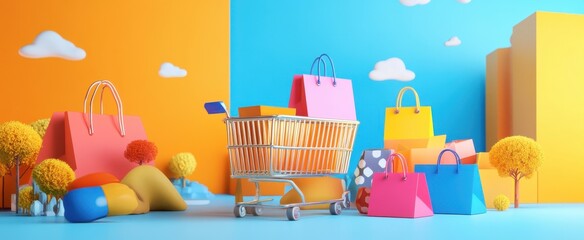 A vibrant shopping scene featuring a minimalist cart surrounded by colorful bags and decorative trees, perfect for retail and commerce themes.