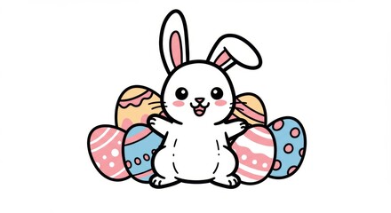 Obraz premium Cute cartoon bunny happily surrounded by colorful Easter eggs, set against a simple white background