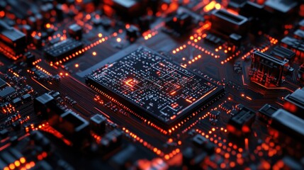 A stunning close-up of a circuit board featuring intricate designs and glowing red elements against a dark background, showcasing modern technology and innovation.