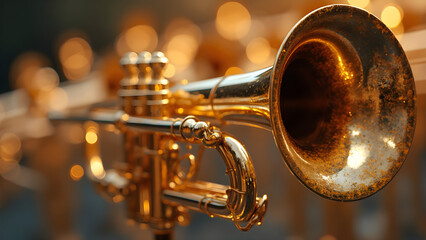Gleaming brass school band trumpet. Polished trumpet illustration. Colorful brass instrument artwork. Ultrarealistic trumpet design.