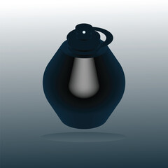 This is a digitally created, minimalist illustration of a dark blue, stylized perfume bottle or water bottle with a light gray inner component, set against a gradient background.