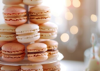 Obraz premium Delicate pastel macarons stacked on a tiered display.