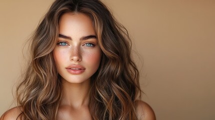 Fototapeta premium Stunning Portrait of a Young Woman with Long Brown Wavy Hair and Blue Eyes