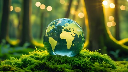 A serene and eco-friendly concept image featuring a transparent glass globe with a golden world map, resting on lush green moss in an enchanted forest.
