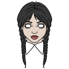 Cartoon girl with black braids, big lashes, and white collar. Vector illustration for stickers, t-shirts, clipart, cut files