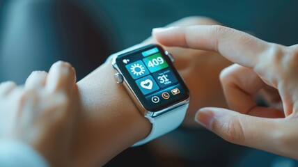 Picture of smart watch, technology for healthcare by gathering biological and chemistry data inside body with sensor system. Healthcare application on touch screen to assist user check health. AIG53.