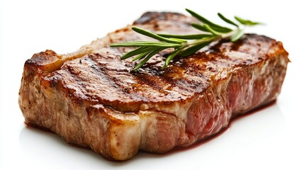 A slice of succulent steak on a plain white background