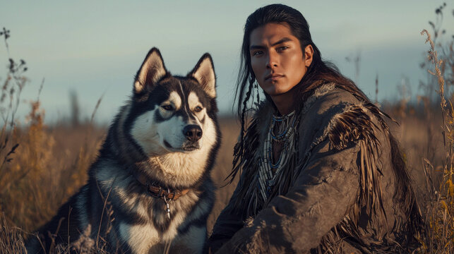 Native American man with a husky dog in the field