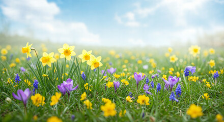 Obraz premium Spring wildflower meadow with daffodils, crocuses and grape hyacinths under blue sky, Natural floral landscape, Fresh seasonal nature background for gardening and renewal themes