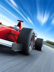 A Formula 1 car speeding past in slow motion, with the engine roaring and the car almost skimming the asphalt.


