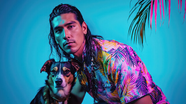 Man with dog and tropical shirt under neon lights