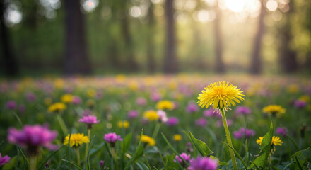 Obraz premium Bright yellow dandelion in spring meadow, Purple wildflowers in soft focus background, Natural environment with bokeh effect, Nature awakening and growth concept