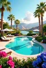 Serene Resort Poolside Oasis with Mountain Views and Lush Landscaping