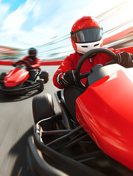 A go-kart passing another kart on a tight turn, with the racers competing fiercely for the lead.

