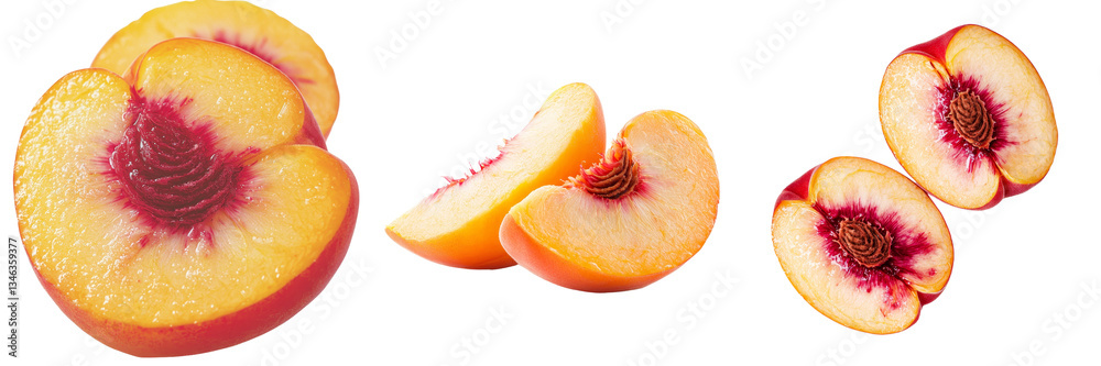 Poster on a transparent background, fresh peach pieces are isolated through generative ai