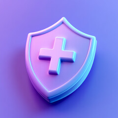 Fototapeta premium Minimalistic 3D shield icon with a plus symbol on a purple background showcasing smooth curves and soft lighting, designed in an isometric style for a sleek digital appeal