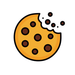Hand-drawn a bitten chocolate chip cookie in a simple, fun and delicious look. Ideal for wallpapers, packaging, or digital designs with a cheerful and lively aesthetic.