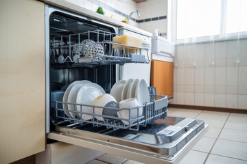 Dishwasher in modern kitchen with clean plates and utensils organized neatly for washing