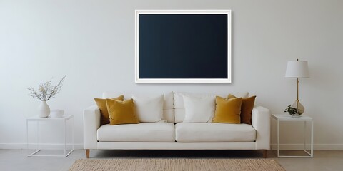 poster mockup in living room,A simple, modern setting with a blank wooden-framed canvas resting on a chevron-patterned,23