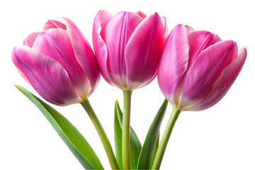 Fototapeta premium Three pink Tulips in Bloom A Vibrant Spring Bouquet isolated on transparent background