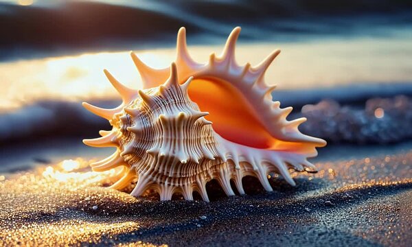 Stunning macro shot of a seashell lying on the shore with glistening textures reflecting the golden rays of the afternoon sun