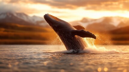 Fototapeta premium A striking image of a whale breaching the surface, surrounded by vibrant hues of sunset, capturing nature's beauty and the majesty of marine life in action.