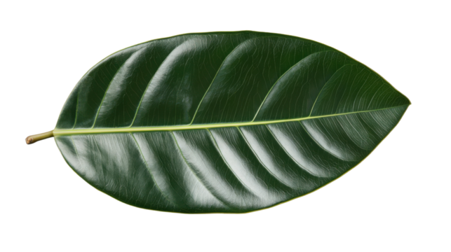 Vibrant green rubber plant leaf showing detailed veins on transparent background