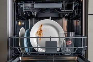 Dishes and glassware loaded in dishwasher after meal preparation and dining experience