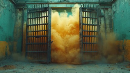 Escape from confinement: A surreal image of  open prison gates and a burst of golden dust.  Symbolising freedom, breaking free, and the unknown.