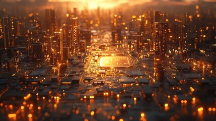 Naklejka premium Futuristic City Circuit Board Sunset