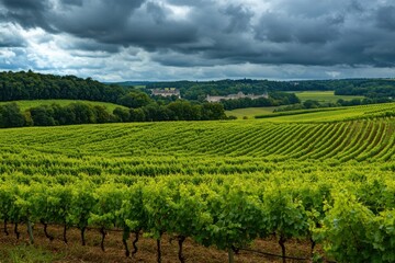 Fototapeta premium A lush vineyard stretches across rolling hills under dramatic clouds in early autumn light