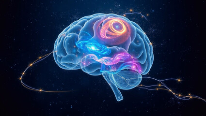 Naklejka premium Human brain with luminous energy streams and swirling galaxy-like light trails