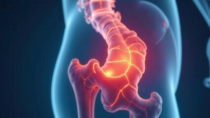 Detailed Anatomy Illustration of Human Sacroiliac Joint with Inflammation Highlighting Bone Structure and Potential Pain Points