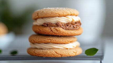 An appealing stack of cookie sandwiches filled with luscious cream, capturing the essence of indulgent desserts that evoke joy and delight in every bite.